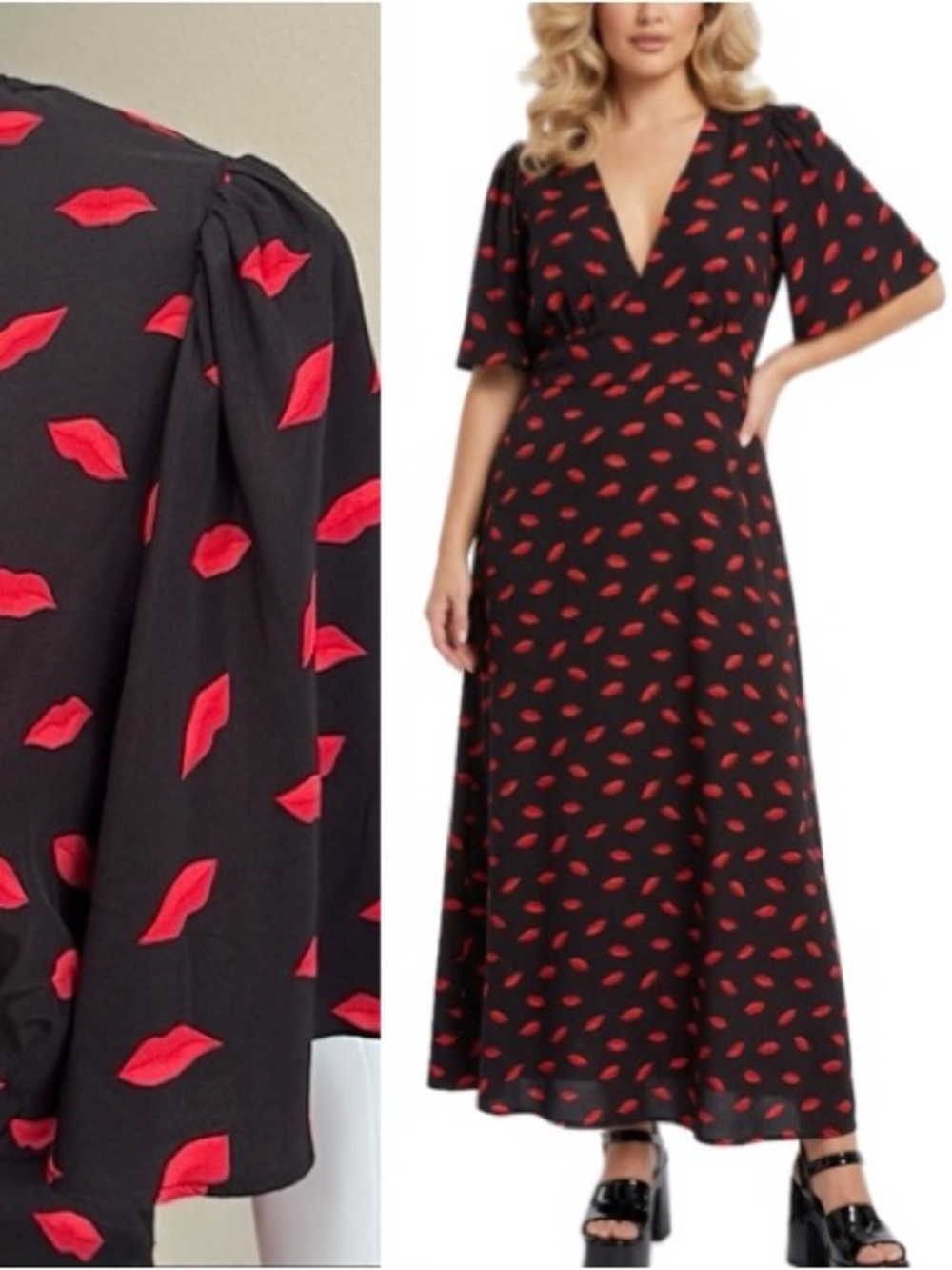 NWT A New Day Flutter Sleeve Lips Print Maxi Dress Size 10 Black Empire Waist
